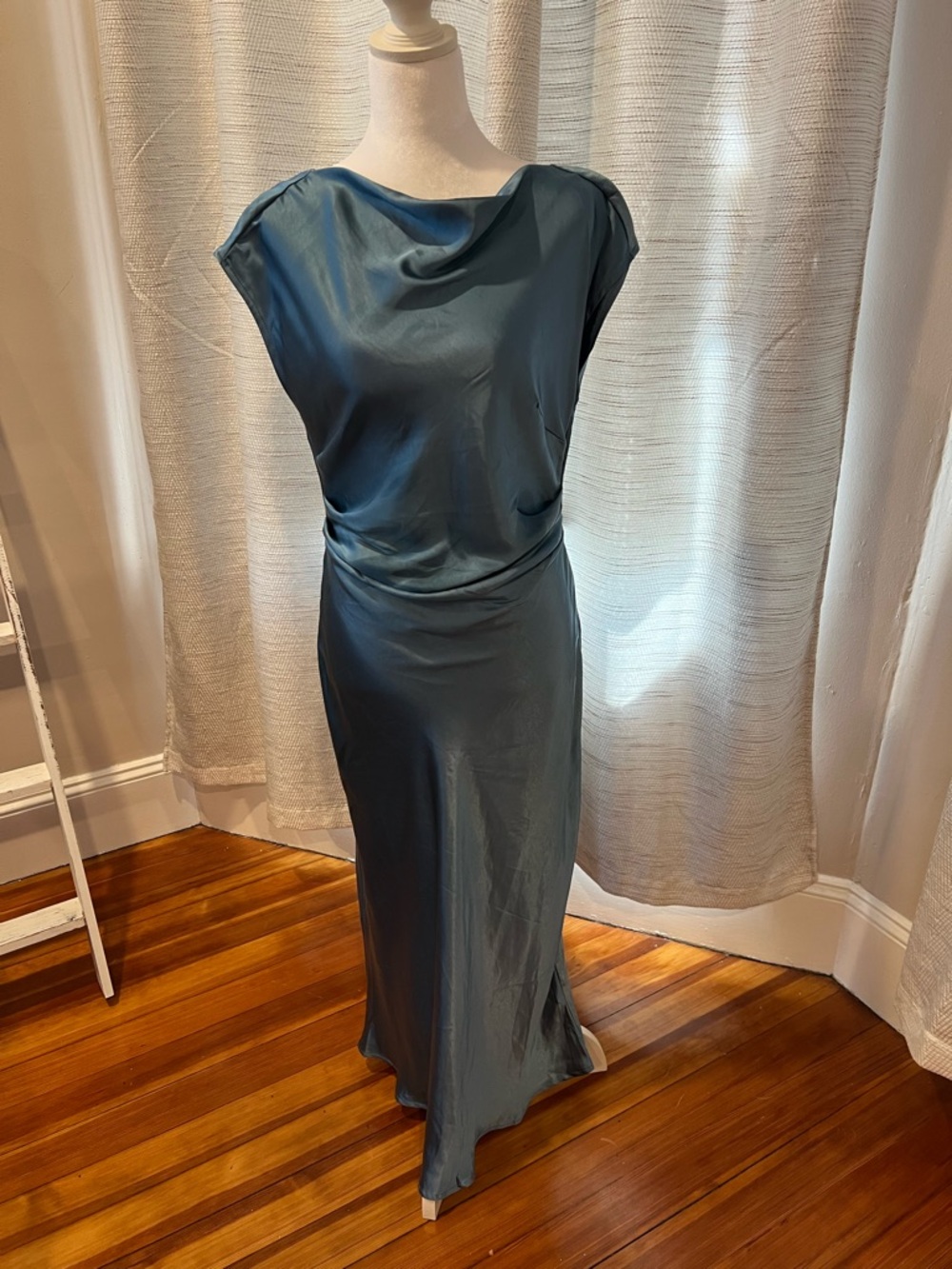 Sleeveless Satin Cowl Neck Maxi Dress in Slate Blue